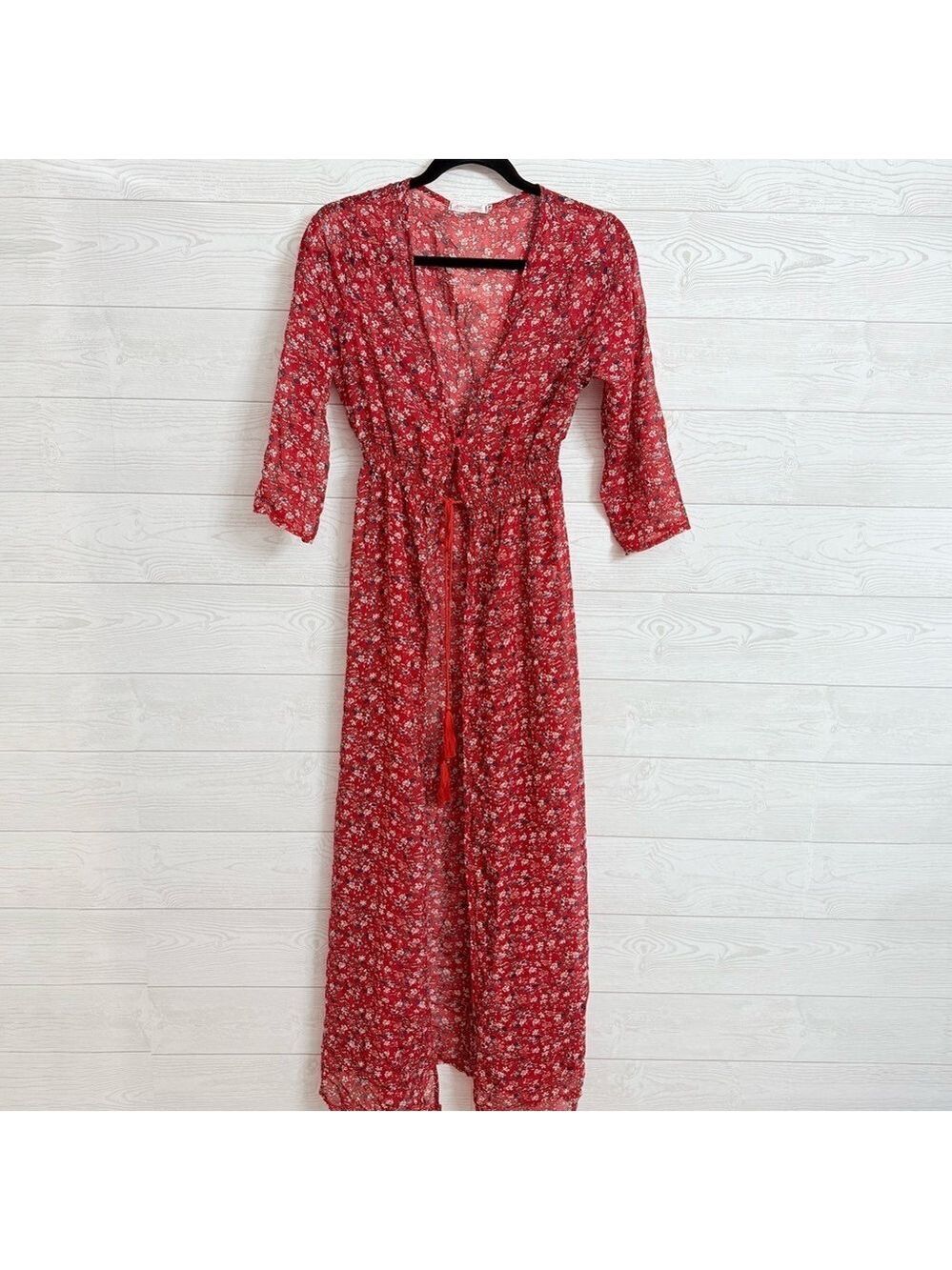 Fashion Collection Women’s Red Floral Shear Button Up Dress/Shirt. Size M
